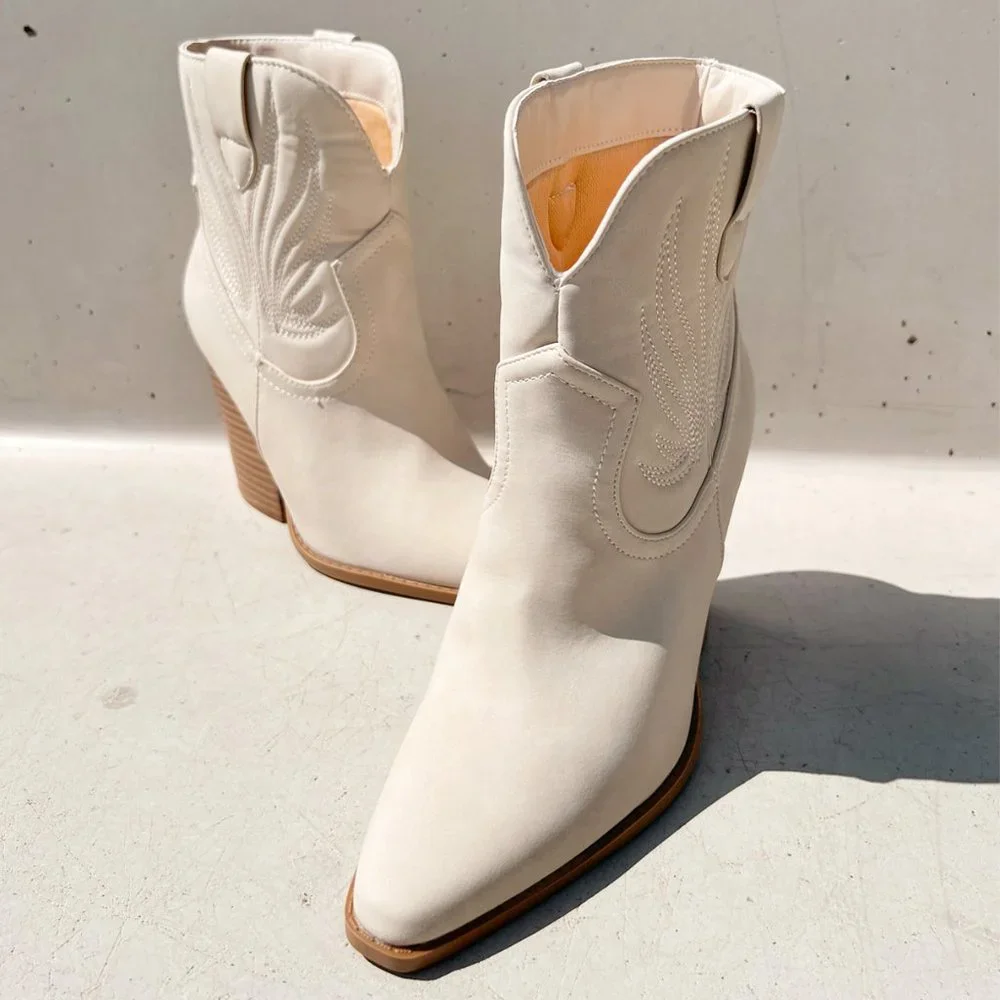 NEW Beige Distress Nubuck PU Western Cowboy Block Heel Ankle Booties Boots Shoe - Picture 2 of 12